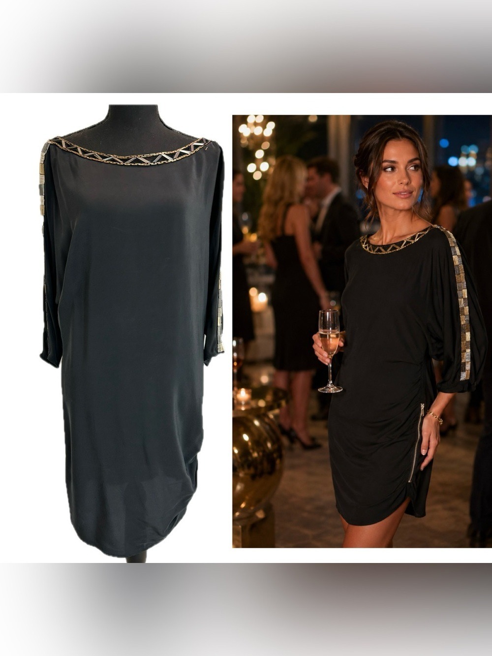 BCBGMAXAZRIA Black 100% silk beaded Embellished Boatneck shift Cocktail Dress S